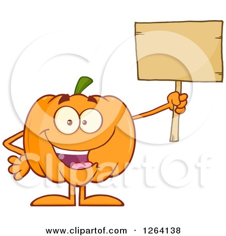 Clipart of a Happy Pumpkin Character Holding up a Blank Wood Sign - Royalty Free Vector Illustration by Hit Toon