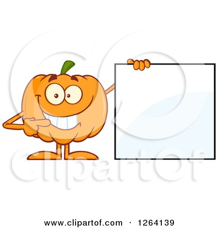 Clipart of a Happy Pumpkin Character Pointing to a Blank Sign - Royalty Free Vector Illustration by Hit Toon