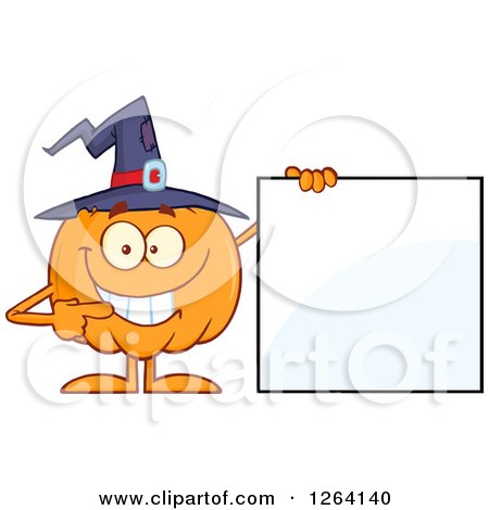 Clipart of a Happy Pumpkin Character Wearing a Witch Hat and Pointing to a Blank Sign - Royalty Free Vector Illustration by Hit Toon