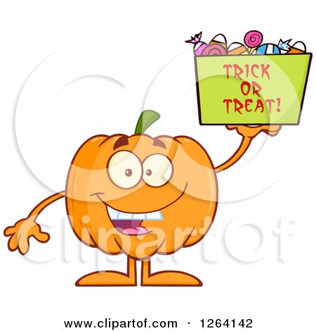 Clipart of a Happy Pumpkin Character Holding up Trick or Treat Halloween Candy - Royalty Free Vector Illustration by Hit Toon