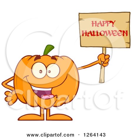 Clipart of a Happy Pumpkin Character Holding a Happy Halloween Sign - Royalty Free Vector Illustration by Hit Toon
