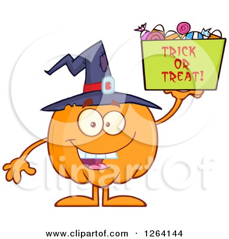 Clipart of a Happy Witch Pumpkin Character Holding up a Trick or Treat Halloween Candy Basket - Royalty Free Vector Illustration by Hit Toon