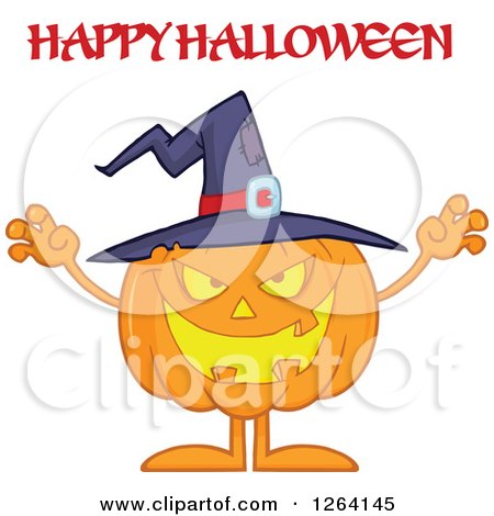Clipart of a Jackolantern Witch Pumpkin Scaring Under Happy Halloween Text - Royalty Free Vector Illustration by Hit Toon