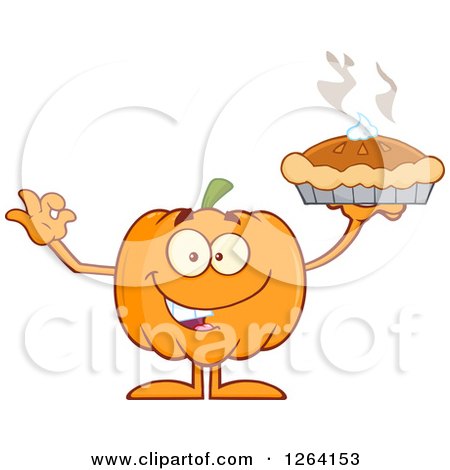 Clipart of a Happy Pumpkin Character Holding up a Pie - Royalty Free Vector Illustration by Hit Toon