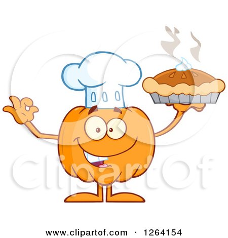 Clipart of a Happy Pumpkin Chef Character Holding up a Pie - Royalty Free Vector Illustration by Hit Toon