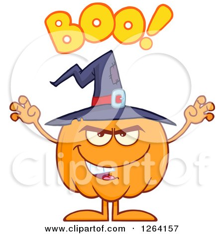 Clipart of a Scary Witch Pumpkin Character with Boo Text - Royalty Free Vector Illustration by Hit Toon