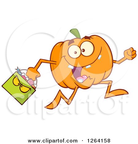 Clipart of a Happy Pumpkin Character Running with a Trick or Treat Halloween Candy Basket - Royalty Free Vector Illustration by Hit Toon