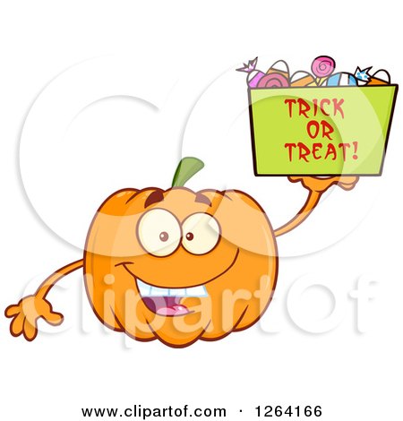 Clipart of a Happy Pumpkin Character Holding up a Trick or Treat Halloween Candy Basket - Royalty Free Vector Illustration by Hit Toon