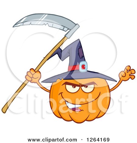 Clipart of a Pumpkin Character Wearing a Witch Hat and Holding a Scythe - Royalty Free Vector Illustration by Hit Toon