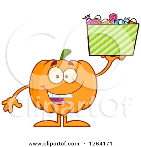 Clipart of a Happy Pumpkin Character Holding up Halloween Candy - Royalty Free Vector Illustration by Hit Toon