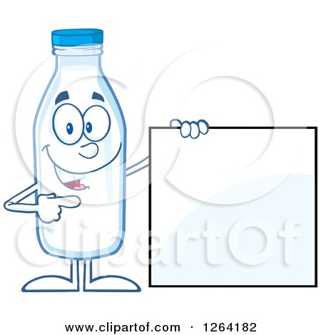 Clipart of a Milk Bottle Character Pointing to a Blank Sign - Royalty Free Vector Illustration by Hit Toon