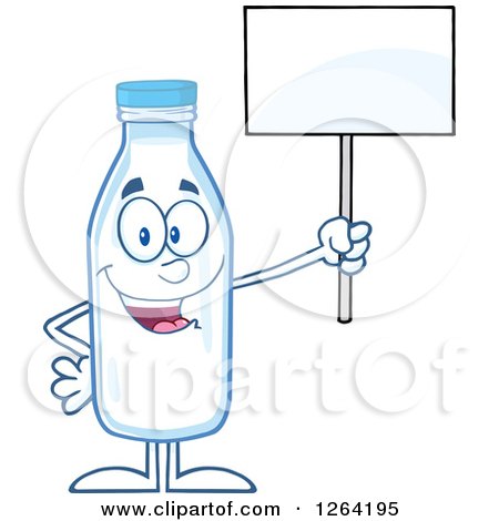 Clipart of a Milk Bottle Character Holding up a Blank Sign - Royalty Free Vector Illustration by Hit Toon