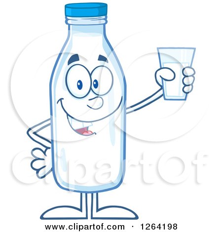 Clipart of a Milk Bottle Character Holding a Cup - Royalty Free Vector Illustration by Hit Toon