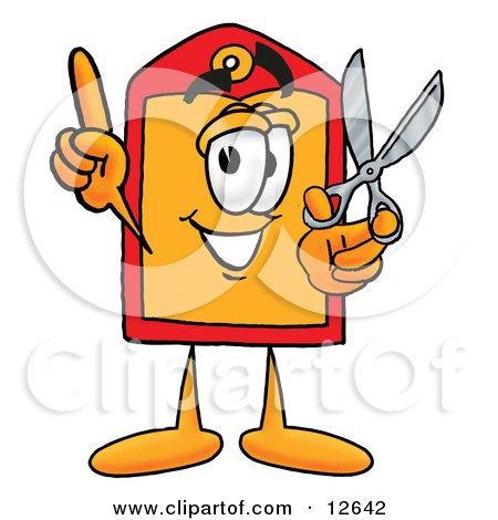 Clipart Picture of a Price Tag Mascot Cartoon Character Holding a Pair of Scissors by Mascot Junction