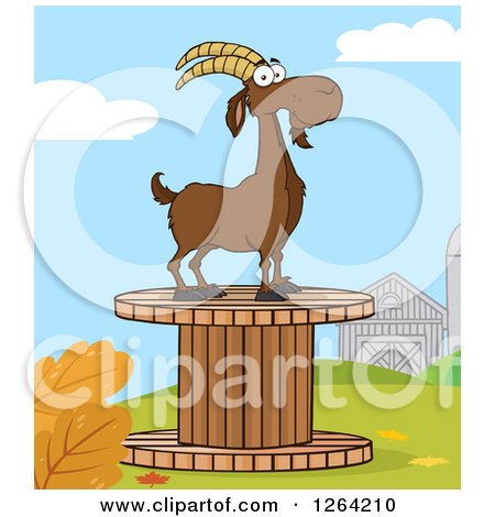 Clipart of a Red Male Boer Goat Buck on a Giant Spool in a Barnyard - Royalty Free Vector Illustration by Hit Toon