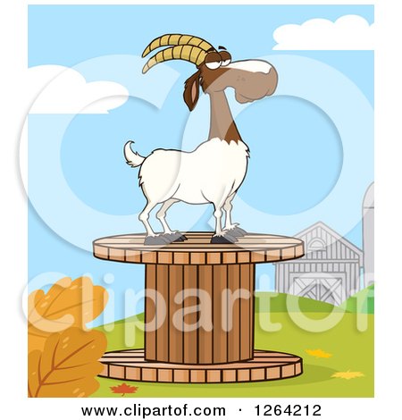 Clipart of a Red and White Male Boer Goat Wether on a Giant Spool in a Barnyard - Royalty Free Vector Illustration by Hit Toon