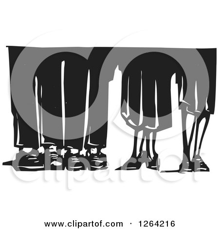 Clipart of a Black and White Woodcut of Male and Female Legs and Feet - Royalty Free Vector Illustration by xunantunich