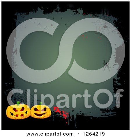 Clipart of a Grungy Halloween Background with Spiders, Webs and Jackolantern Pumpkins - Royalty Free Vector Illustration by KJ Pargeter