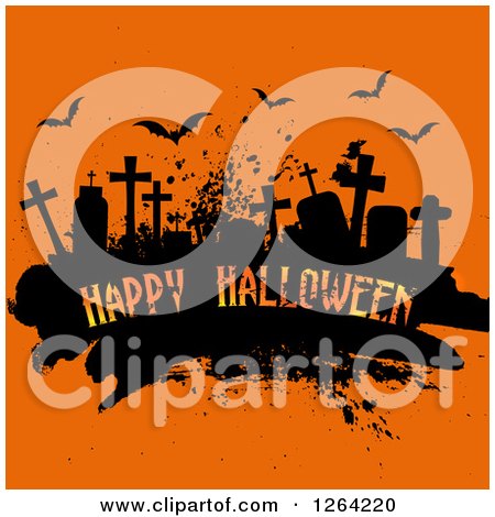 Clipart of a Grunge Cemetery Scene with Happy Halloween Text and Bats on Orange - Royalty Free Vector Illustration by KJ Pargeter