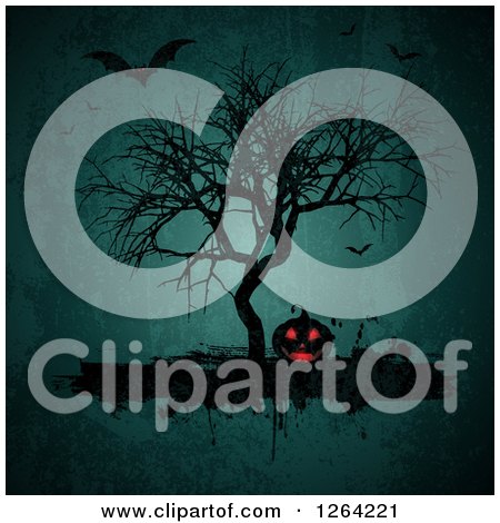 Clipart of a Lit Jackolantern Pumpkin Under a Bare Tree with Bats on Grunge - Royalty Free Vector Illustration by KJ Pargeter