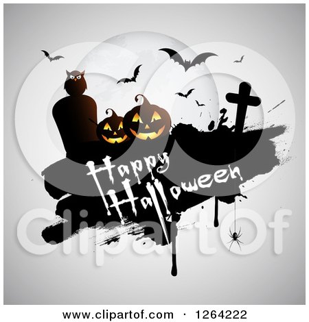 Clipart of a Full Moon, Owl, Vampire Bats, Tombstones and Pumpkins with Happy Halloween Text on Gray - Royalty Free Vector Illustration by KJ Pargeter