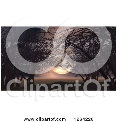 Clipart of a 3d Spooky Landscape of a Full Moon and Bare Trees - Royalty Free Illustration by KJ Pargeter