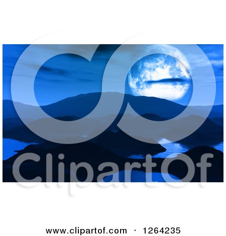 Clipart of a 3d Blue Landscape of Lakes and a Moon - Royalty Free Illustration by KJ Pargeter