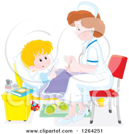 Clipart of a Sick White Boy and Female Nurse - Royalty Free Vector Illustration by Alex Bannykh