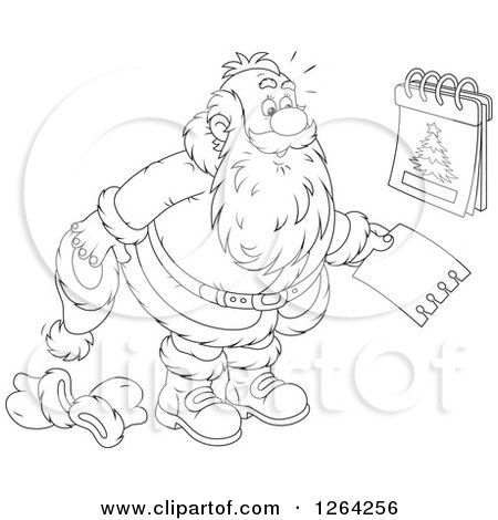 Clipart of a Black and White Santa Clause Revealing Christmas Day on a Calendar - Royalty Free Vector Illustration by Alex Bannykh