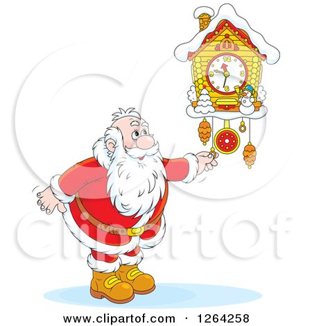 Clipart of Santa Adjusting a Cuckoo Clock - Royalty Free Vector Illustration by Alex Bannykh