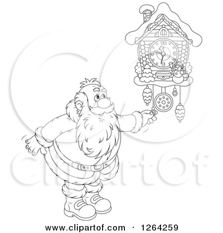 Clipart of a Black and White Santa Clause Adjusting a Cuckoo Clock - Royalty Free Vector Illustration by Alex Bannykh