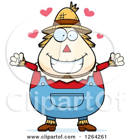 Clipart of a Loving Cartoon Chubby Scarecrow with Open Arms and Hearts - Royalty Free Vector Illustration by Cory Thoman