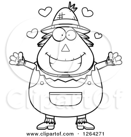 Clipart of a Black and White Loving Cartoon Chubby Scarecrow with Open Arms and Hearts - Royalty Free Vector Illustration by Cory Thoman