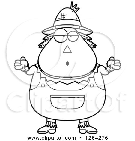 Clipart of a Black and White Careless Shrugging Cartoon Chubby Scarecrow - Royalty Free Vector Illustration by Cory Thoman