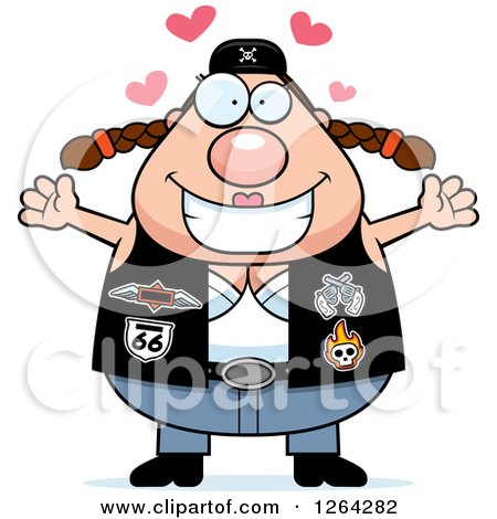 Clipart of a Chubby Loving Caucasian Biker Chick with Open Arms and Hearts - Royalty Free Vector Illustration by Cory Thoman