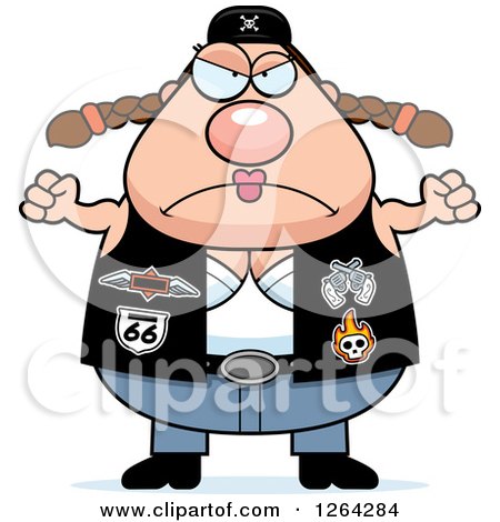 Clipart of a Angry Chubby Caucasian Biker Chick Holding up Fists - Royalty Free Vector Illustration by Cory Thoman