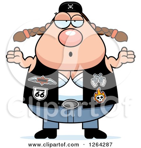 Clipart of a Careless Shrugging Chubby Caucasian Biker Chick - Royalty Free Vector Illustration by Cory Thoman