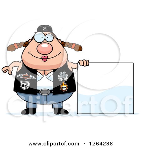 Clipart of a Chubby Caucasian Biker Chick with a Blank Sign - Royalty Free Vector Illustration by Cory Thoman