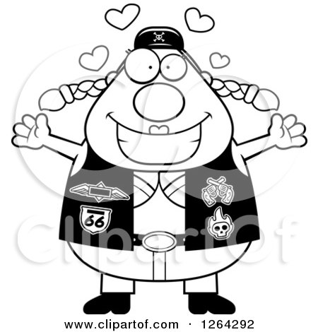 Clipart of a Black and White Chubby Loving Biker Chick with Open Arms and Hearts - Royalty Free Vector Illustration by Cory Thoman