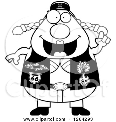 Clipart of a Black and White Chubby Biker Chick with an Idea - Royalty Free Vector Illustration by Cory Thoman