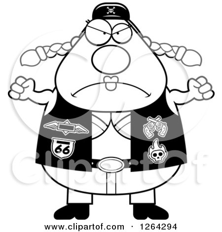 Clipart of a Black and White Angry Chubby Biker Chick Holding up Fists - Royalty Free Vector Illustration by Cory Thoman