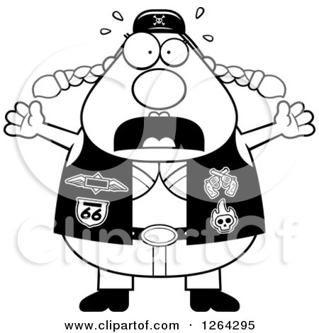 Clipart of a Black and White Scared Chubby Biker Chick Screaming - Royalty Free Vector Illustration by Cory Thoman
