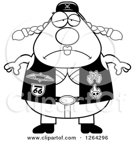 Clipart of a Black and White Depressed Chubby Biker Chick - Royalty Free Vector Illustration by Cory Thoman