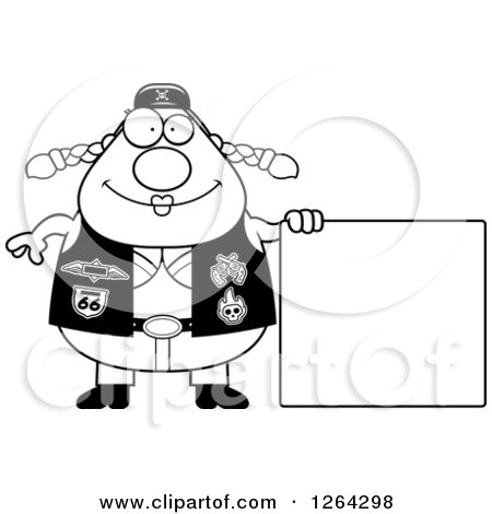 Clipart of a Black and White Chubby Biker Chick with a Blank Sign - Royalty Free Vector Illustration by Cory Thoman