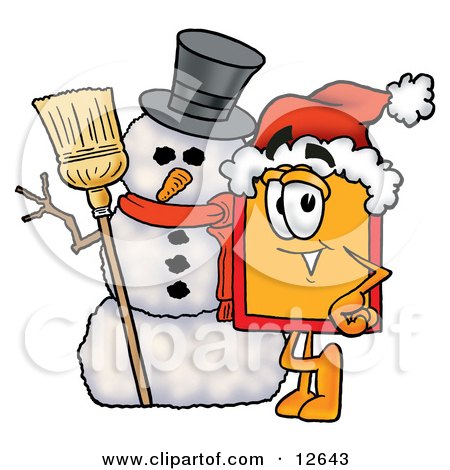 Clipart Picture of a Price Tag Mascot Cartoon Character With a Snowman on Christmas by Mascot Junction