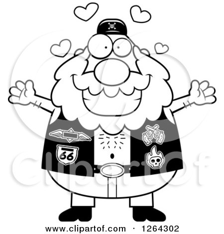 Clipart of a Black and White Loving Chubby Biker Dude with Open Arms and Hearts - Royalty Free Vector Illustration by Cory Thoman