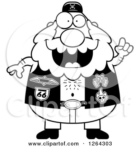 Clipart of a Black and White Chubby Biker Dude with an Idea - Royalty Free Vector Illustration by Cory Thoman