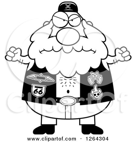 Clipart of a Black and White Angry Chubby Biker Dude Holding up Fists - Royalty Free Vector Illustration by Cory Thoman