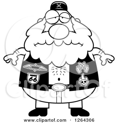 Clipart of a Black and White Depressed Chubby Biker Dude - Royalty Free Vector Illustration by Cory Thoman