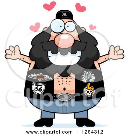 Clipart of a Loving Chubby Caucasian Biker Dude with Open Arms and Hearts - Royalty Free Vector Illustration by Cory Thoman